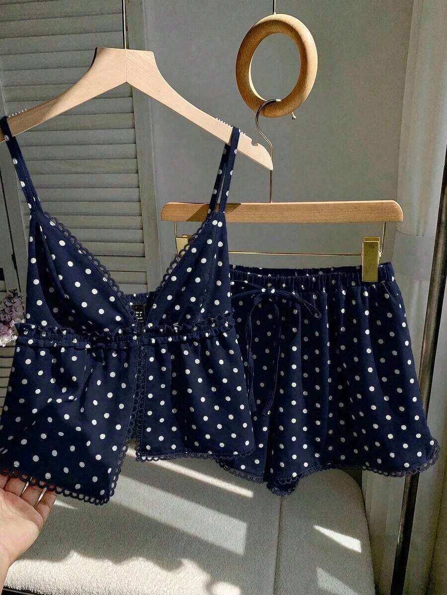 Conjunto informal de 2 piezas de mujer en azul marino con lunares, incluye camiseta de tirantes y pantalones con estampado de lunares, adecuado para primavera, verano, vacaciones, hogar, festivales de música, vuelta al colegio, atuendos casuales - Multicolor - Ver 1