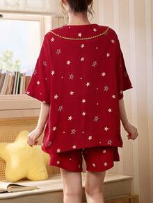 Gongdie Bộ đồ ngủ nữ Disney 2 món, chất liệu cotton mùa hè với họa tiết Mickey dễ thương, viền zigzag màu vàng và nơ thắt cổ. - Đỏ - Xem 3