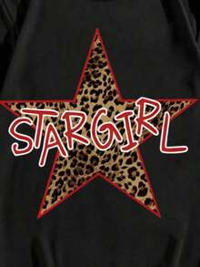 Camiseta Negra Clásica de Cuello Redondo para Hombre, Diseño Gráfico Leopard Star STARGIRL, 100% Algodón, 220g, Corte Clásico, Casual de Verano - Negro - Ver 2