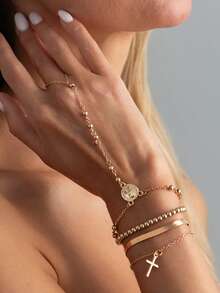 4pcs/Set Classic Basic Gold Flat Snake Cross Knuckle Bracelet, Lightweight Minimalist CCB Beaded Bracelet, Fashionable Jewelry For Women, Suitable For Daily Wear, Music Festivals, Dates - Chain Length Can Be Customized - Gold - View 1