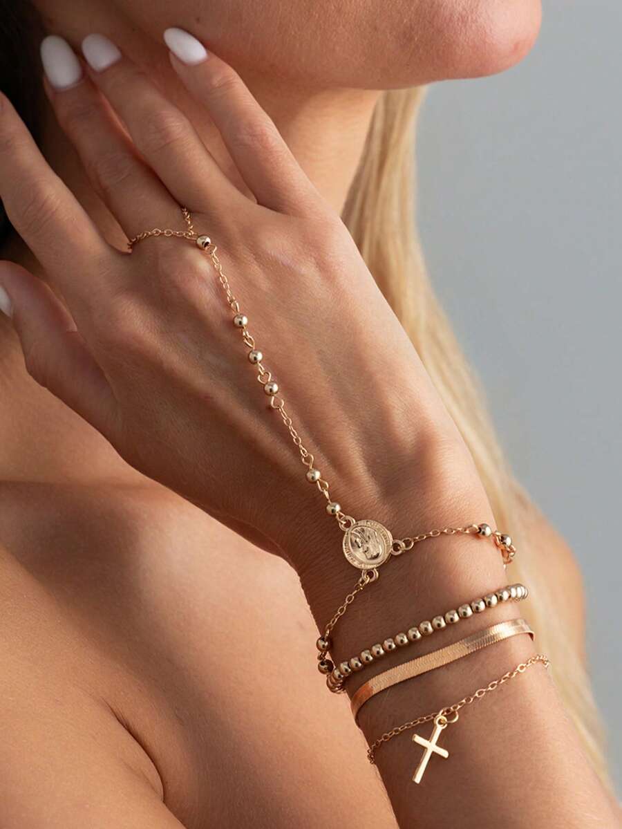 4pcs/Set Classic Basic Gold Flat Snake Cross Knuckle Bracelet, Lightweight Minimalist CCB Beaded Bracelet, Fashionable Jewelry For Women, Suitable For Daily Wear, Music Festivals, Dates - Chain Length Can Be Customized - Gold - View 1
