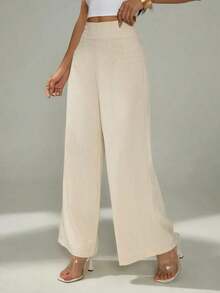 PETITE Pantalones anchos de cintura alta con textura, de estilo simple y casual, apropiados para la vuelta al cole y para uso diario - Albaricoque - Ver 9