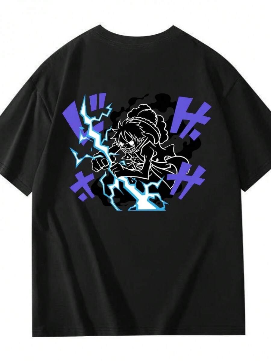 Black T-Shirt With Anime Graphic Design: Hero, Lightning Bolt, Gear Five, Japanese Manga Style, Purple Lightning Bolt. Perfect Aesthetic Design For Comic Conventions, Urban Fashion Fans, And Casual Summer Wear. - 黑色 - 查看 1