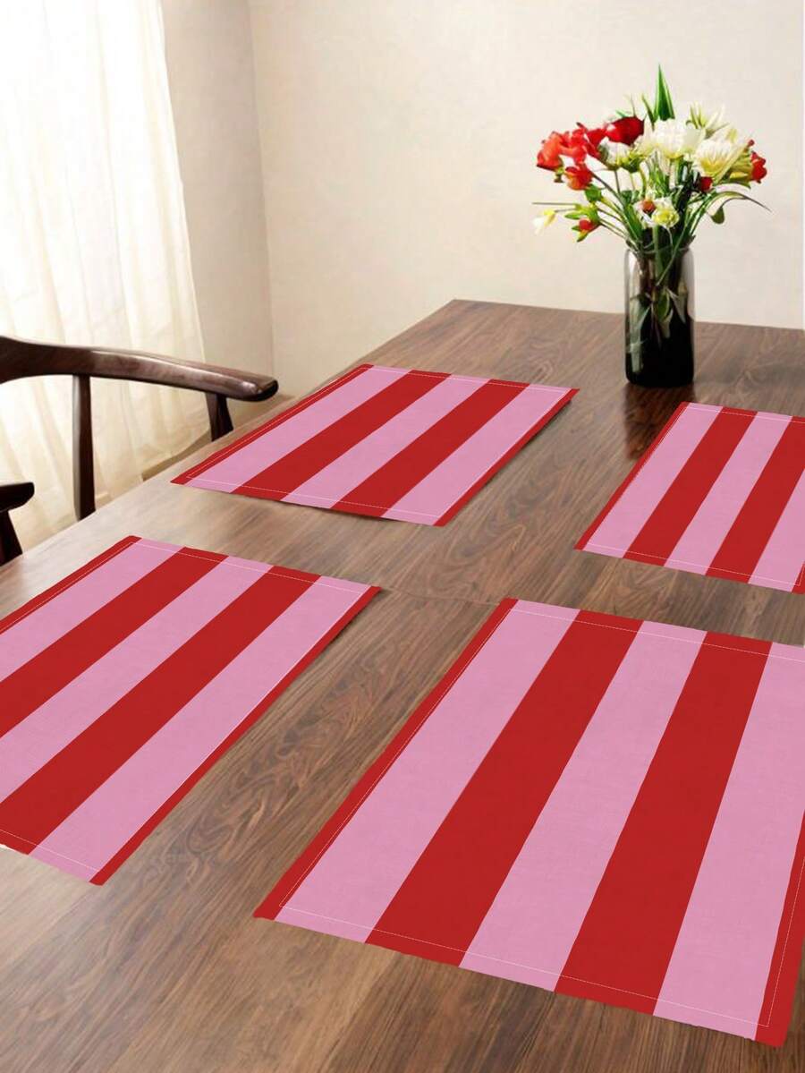 4pcs/Set Kitchen Fabric Placemats Mother's Day Decoration, Red Striped Pattern, Suitable For Holiday Seasonal Tabletop Decor, Heat-Resistant Insulating Pads, Machine Washable, Suitable For Home Kitchen - Pink - View 1