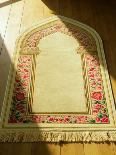 1 pieza Alfombra con flecos con diseño floral, Almohadilla rosa con flores, Tapete con patrón intrincado, Cojín con bordes con flecos, Apto para interiores y exteriores, Alfombra decorativa rectangular con flecos, Lavable