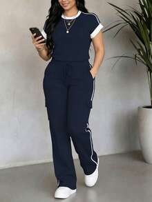 Casual Versatile Round Neck Short Sleeve Top And High Waist Drawstring Striped Loose Cargo Pants 2-Piece Set Women's Contrast Color Round Elegant - Navy - View 3