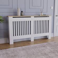 Home Discount Vida Designs Arlington Radiator Cover Heat Protection Adjustable Vertical Slats With Wooden Shelf Top MDF Cabinet Easy To Install - White - Blanco - Ver 7