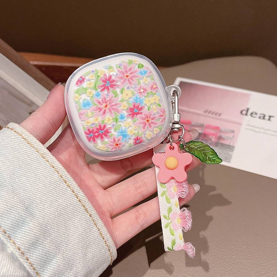 1个夏季花卉图案耳机保护套,带吊坠,适用于Redmi Buds8Active/8Pro/8Lite/6 Pro无线耳机、Buds6/7s/Buds 6 Active/6 Lite/6play无线蓝牙耳机,保护套 - 油畫花 - 查看 1