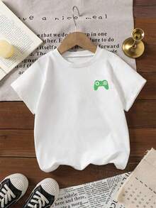 Short-Sleeved T-Shirt With Minimalist Print Of Shamrock,  Face, Checks And Lettering, Suitable For St. Patrick's Day, Spring/Summer, For Toddlers - Army Green - View 2