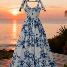 Vestido elegante con estampado floral y hombros con lazo para vacaciones - Multicolor - Ver 3