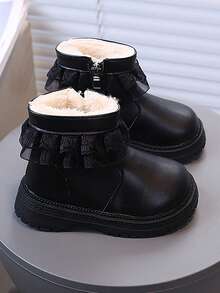 1 Pair Girls' Princess Style Ankle Boots, Solid Color Soft PU With Bowknot + Mesh Collar Decor, Round Toe With Inner Side Zipper Design, Classic Versatile Ankle Boots For Daily Wear, School, Holidays And Gatherings - Black - View 4