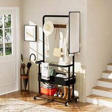 Sturdy Metal Clothes Rack With Wheels, 3-In-1 Model With Basket And Mirror, Hangers, Mobile Rack On Wheels, Spacious Wardrobe, Black, 70 X 40 X 170 Cm - 自然色 - 查看 5