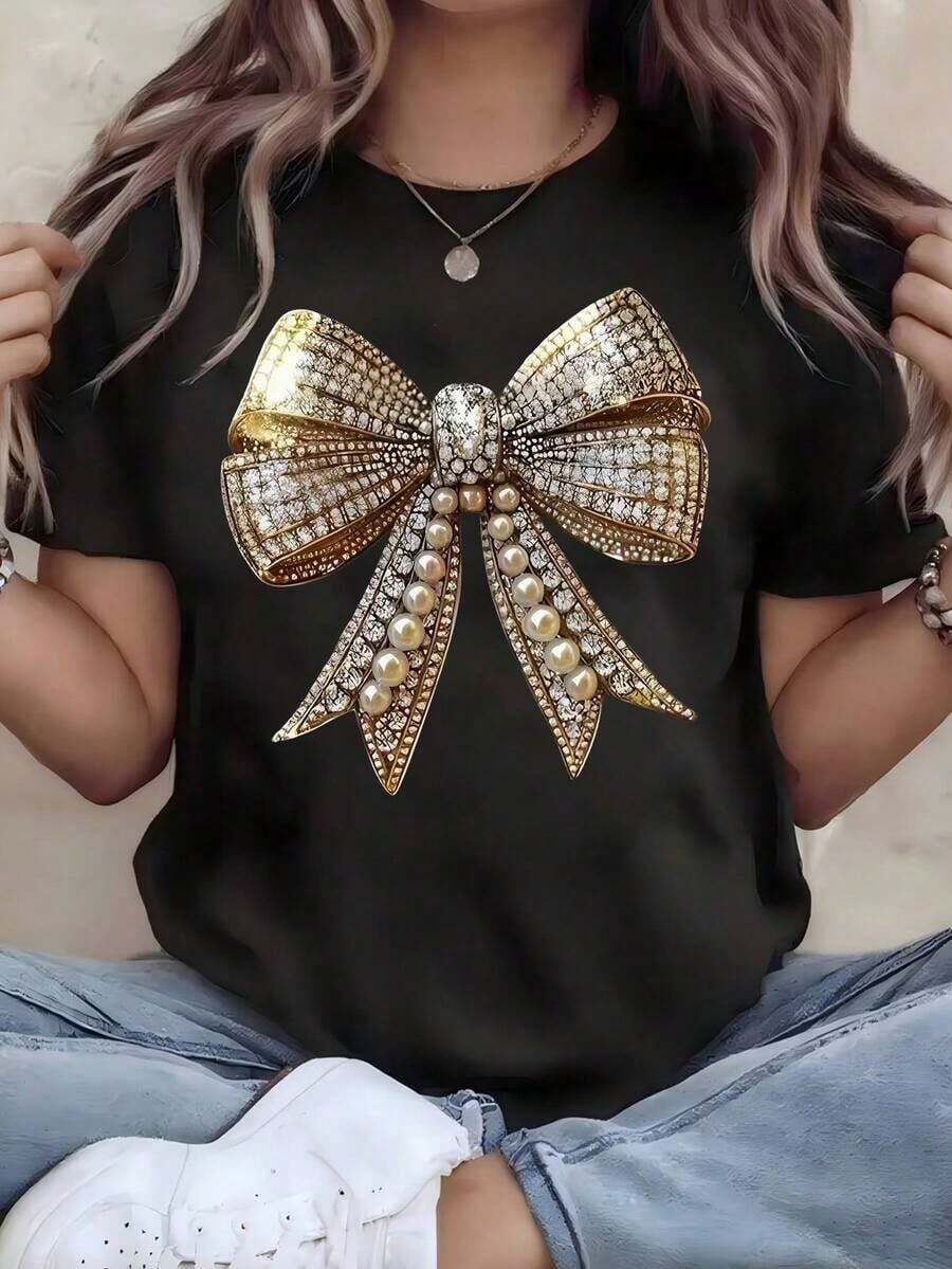 Elegant Summer T-Shirt For Women, White, With Luxury Gold Bow Print With Pearls And Diamonds, Casual Short Sleeve T-Shirt, Flirty And Elegant Style, Modern Soft And Breathable Top With Jewelry Graphic, Fashionable French Youth Blouse For Summer And Party - 黑色 - 查看 1