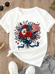 Comfortable For All-Day Wear. This Women's Casual T-Shirt Features A Relaxed Fit, A Crew Neck, And Short Sleeves, With A Patriotic Floral Print Of The American Flag, Perfect For Independence Day Celebrations And Summer Outings. Its Comfortable, Relaxed Fit Flatters All Body Types, While The High-Quality Material Feels Soft Against The Skin And Offers Durability. - 白色 - 查看 4