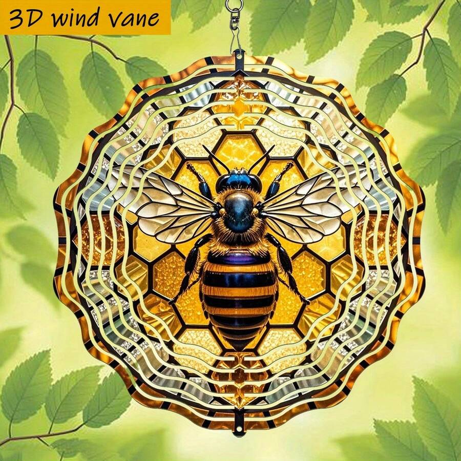 1 Stück 3D Mosaik Bienen Windspiel - 360° drehende Eisen Hängedekoration mit Waben- und Bienen-Design, 10 Zoll quadratisch für Außen-/Innenbereich, geeignet für Weihnachten, Hochzeit, Party - windaktivierter Summton (ohne Batterie/Strom erforderlich) (Anhänger nicht enthalten), zufälliger Stil
