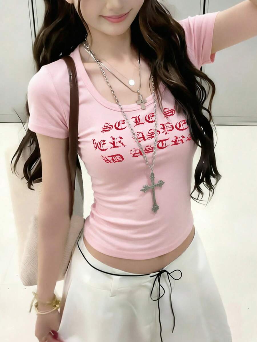 女款U領短袖T恤,夏季新款字母印花,美式辣妹風,時尚休閒百搭修身短版上衣,粉色 - 粉色 - 查看 1
