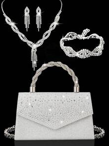 Fashionable New Women's Evening Bag, Sparkling Rhinestone Handbag And Shoulder Bag, Comes With Sparkling Rhinestone Jewelry 3 Pieces Set, Including Rhinestone Pendant Necklace, Earrings And Bracelet, Perfect For Parties, Balls, Gatherings And Evening Events - Silver - View 1