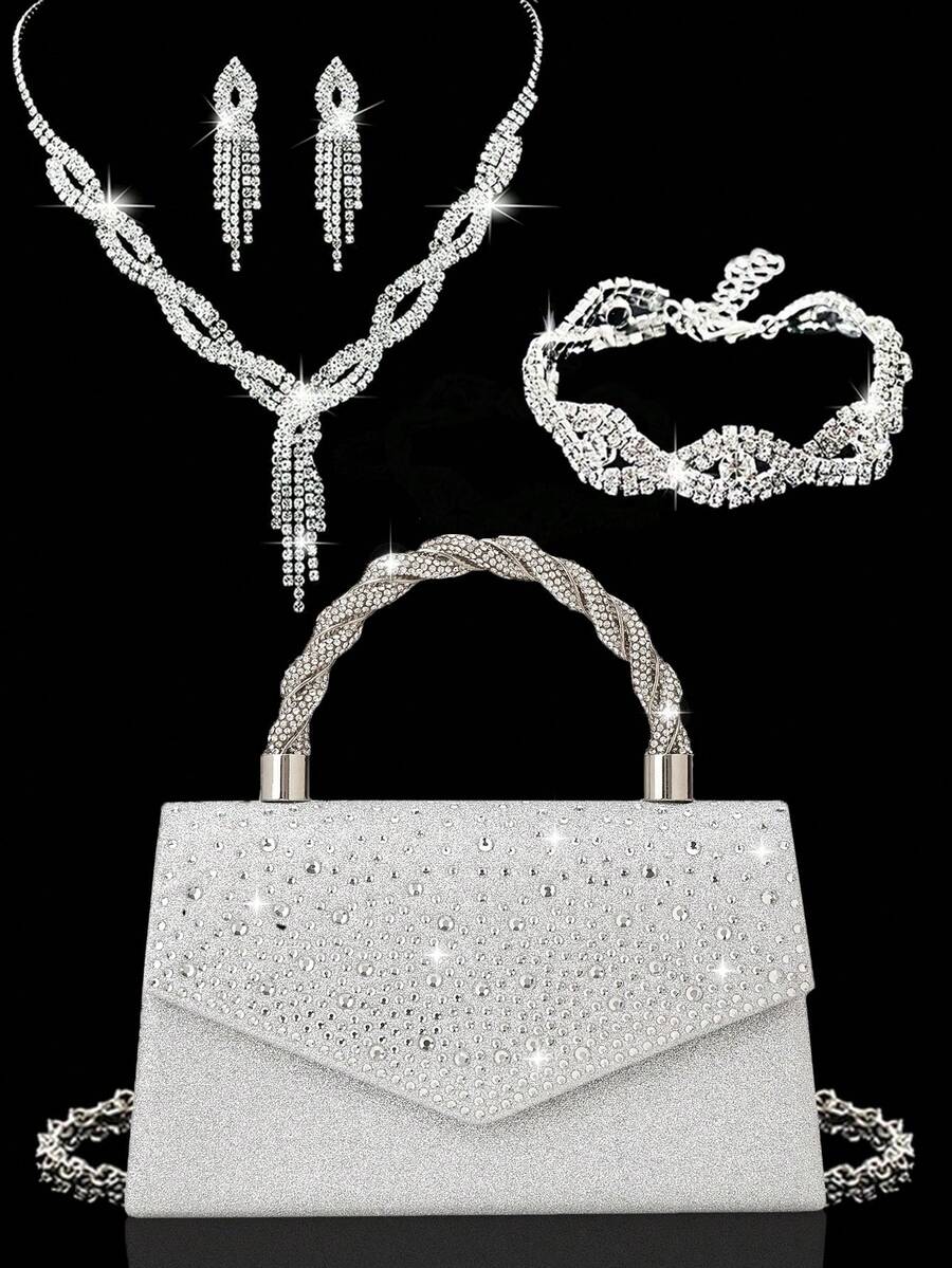 Fashionable New Women's Evening Bag, Sparkling Rhinestone Handbag And Shoulder Bag, Comes With Sparkling Rhinestone Jewelry 3 Pieces Set, Including Rhinestone Pendant Necklace, Earrings And Bracelet, Perfect For Parties, Balls, Gatherings And Evening Events - Silver - View 1