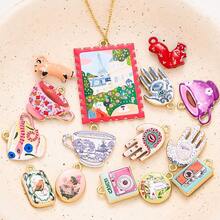 Bunte Emaille-Anhänger für den Sommer zur Schmuckherstellung, niedliche Tropfen-Ölmalerei, Tier, Teetasse, Taube, Kamera, Vintage-Briefmarke, goldene Anhänger, Kawaii-Basteln - Verschiedenfarbig - Übersicht 6