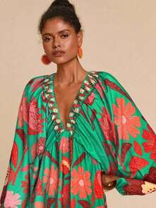 Vestido de gasa con cuello en V y manga larga con estampado floral para mujer, adecuado para vacaciones, estilo de vacaciones, estampado gráfico tejido, atuendos casuales de verano para vacaciones, atuendos de vacaciones en la playa bohemia, ropa bohemia chic, atuendos de festivales de vacaciones, atuendos de playa para mujer, atuendos de verano para mujer, atuendo de graduación, atuendos de cumpleaños para mujer, artículos esenciales de playa, atuendo de aeropuerto para mujer, vestido de té, vestido de cumpleaños, vestido de verano, verano europeo, ropa bohemia para mujer, vestido elegante para mujer - Azul - Ver 1