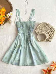 Vestido mini acampanado con estampado floral en la cintura, estilo casual de vacaciones para mujeres - Verde - Ver 2
