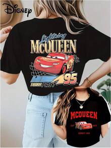 Disney Authentic Lightning McQueen Print, Soft And Skin-Friendly, Elastic, Casual Short-Sleeve Top, Fashionable Round-Neck Short-Sleeve T-Shirt, Women's Clothing. - màu đen - Xem 1