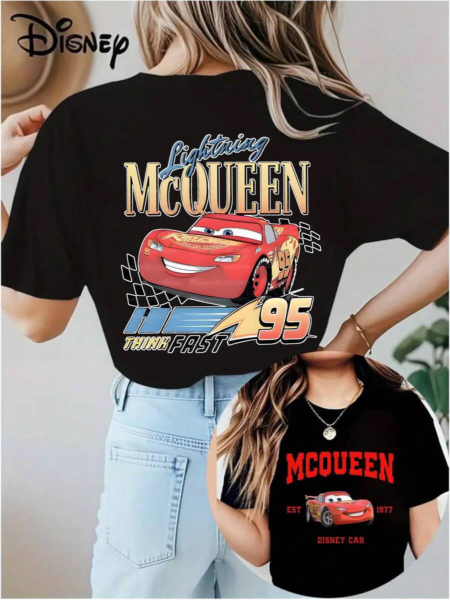 Disney Authentic Lightning McQueen Print, Soft And Skin-Friendly, Elastic, Casual Short-Sleeve Top, Fashionable Round-Neck Short-Sleeve T-Shirt, Women's Clothing. - màu đen - Xem 1