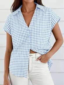 Puff Sleeve Striped Ruffle Blouse V Neck Button Front Summer Top Chic Casual Work Office Outfit For Women - 淺藍格子 - 查看 3