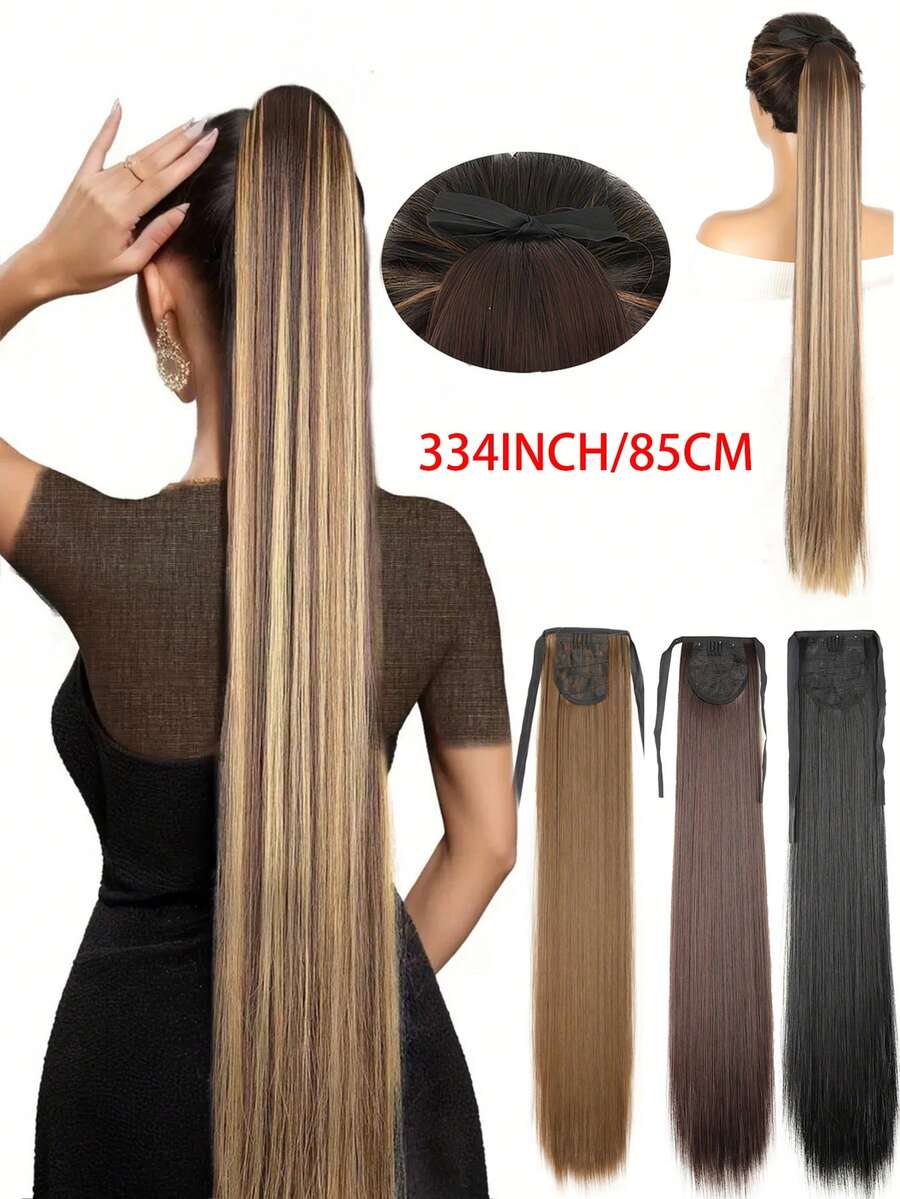 European And American Style 34 Inch Long Straight Ponytail Hair Extension With Bow Tie,Clips For Hair - Multicolor - View 1
