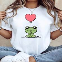 Camiseta para mujer con estampado de rana y corazón con globos | Conjunto dulce para citas, tejido suave y agradable para la piel, ideal para primavera/verano, ropa casual diaria, perfecta para regalo de romance en vacaciones S-XXXL - Blanco - Ver 1