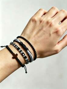4 piezas Pulsera trenzada negra para hombres, pulseras apilables ajustables con cuentas en forma de cruz, adecuadas para uso diario - Conjunto de pulsera de cuentas - Ver 7