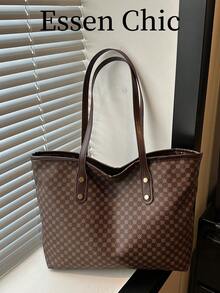 1pc Coffee Brown Summer New Metal Rivet Decor Large Capacity Retro PU Tote Bag, Women Shoulder Bag - Coffee Brown - View 7