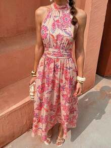 Flora Isola Flora Isola Vestido bohemio de mujer sin mangas con cuello de corbata, cintura recogida y estampado floral, adecuado para vacaciones, citas y viajes a la playa - Multicolor - Ver 2