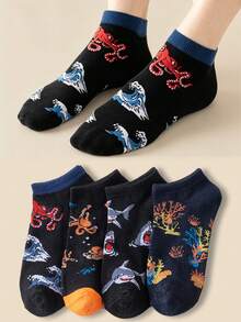 5/10 Pairs Women's Boat Socks, Ocean Style Boat Socks, Cartoon Shark & Octopus Pattern Casual Socks, Thin Versatile Summer Socks For Leisure & Students - Multicolor - View 3