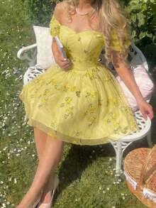 MOD Vestido mini elegante y de moda con bordados y hombros descubiertos para mujer - amarillo ganso - Ver 3