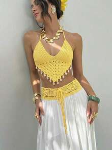 Conjunto de ganchillo bohemio de verano para mujer de , conjunto de 2 piezas para uso diario en verano, ropa de verano, ropa de playa de verano, conjunto de vacaciones en la playa para mujer, conjunto de vacaciones, ropa de mujer estilo bohemio para vacaciones tropicales, ropa de mujer para vacaciones tropicales, conjunto de 2 piezas de chaleco de ganchillo y falda acampanada para vacaciones en la playa. - Amarillo - Ver 2