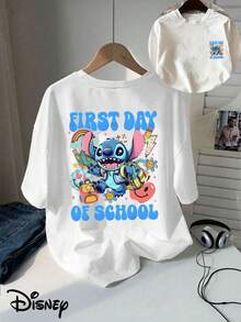 Disney Classic, Licensed Stitch T-Shirt With Double-Sided Print, Short-Sleeved Crew Neck Casual Top, Suitable For Summer And Spring, Short-Sleeved Top, Women's Clothing - 白色 - 查看 6