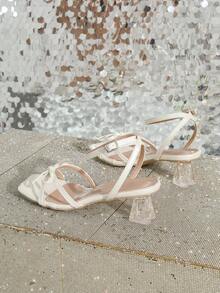 Women's High Heel Sandals, New Summer Transparent Low Heel Slippers, Fashion Fuchsia Square Toe Crystal Thick Heel One-Strap Slides - White - View 7