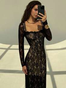 xheAloruh Vestido negro ajustado hasta el suelo con cuello corsé ahuecado y mangas largas con encaje en forma de S sexy para mujer para fiestas, citas y banquetes de otoño/invierno nuevoxhe - Negro 4 - Ver 6