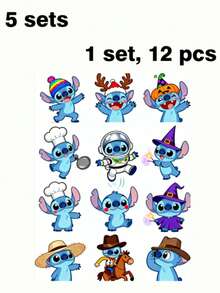 Disney Cute Stitch Themed Self‑Adhesive Stickers, 12 Pcs Kawaii Cartoon Decorative Decals Adorable Blue Stitch Stickers With Varied Fun Outfits-Chef, Astronaut, Cowboy, Witch, Holiday Styles. Waterproof Self‑Adhesive Decals Perfect For Journals, Laptops, Water Bottles, Phone Cases, Scrapbooking & DIY Craft Decoration, Lovely Gift For Stitch Fans. - Sticker - View 10