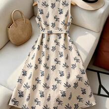 Vestido de mujer con cuello redondo, sin mangas, con estampado botánico y botones delanteros - Albaricoque - Ver 3
