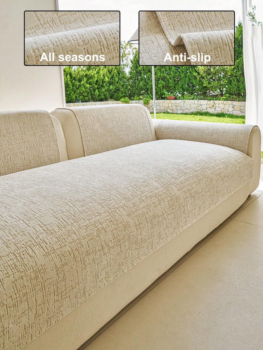 1pc Solid Color Chenille Sofa Cover, Ins Style Sofa Cushion, High Density Thick Design For All Seasons, Sofa Protector Anti-Slip Anti-Scratch For Living Room Bedroom Study, Fits 1/2/3/4 Seater Sofa With Armrest & Backrest - Beige - View 1