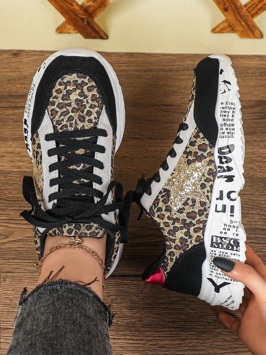 Leopard Print Star Lace-Up Unisex Thick Sole Sneakers, Dopamine Thick Sole Breathable Graffiti Sole Street Shoes, Suitable For Daily Wear And Party, Mother's Day And Christmas Gift - Black Leopard - View 1
