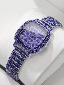 1pc Women's Printed Square Quartz Watch, Elastic Strap Unique Numeric Dial Niche Design Wristwatch, Delicate Gift For Girlfriend (1pc/Set) Watch Box Not Included - Blue - View 9