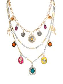 3pcs Colorful Resin Faux Gemstone Pendant Necklace Set, Bohemian Vintage Style Design, Suitable For Daily Commute And Holiday Party Occasions - Multicolor - View 4