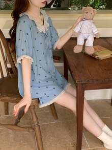 Bộ đồ ngủ mùa xuân/hè 2 món cổ tròn tay ngắn và quần short dáng rộng thoải mái, in hình bướm, dễ giặt ủi. - Màu xanh lam - Xem 7