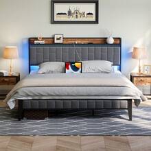 Modern Upholstered Platform Bed Frame With LED Headboard – Storage, Charging Station (USB & Type-C), Sturdy Metal, No Box Spring, Easy Assembly - Grey - View 3