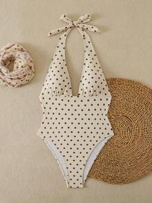 Traje de baño de dos piezas con estampado de lunares, escote asimétrico y espalda descubierta, atuendo de vacaciones en la playa para el verano - Marrón - Ver 10