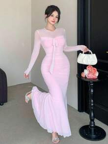Vestido de verano de malla transparente rosa con diseño 2 en 1, con lazo en la cintura, elegante para el Día de San Valentín, boda, fiesta, ocasión formal, moda, ajuste ceñido, longitud midi, manga larga para mujer - Rosa - Ver 8