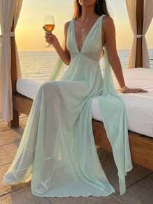 Vestido elegante y sexy de color verde menta para fiestas y vacaciones en la playa, vestido de punto de unicolor sin mangas con cintura anudada - Verde - Ver 4